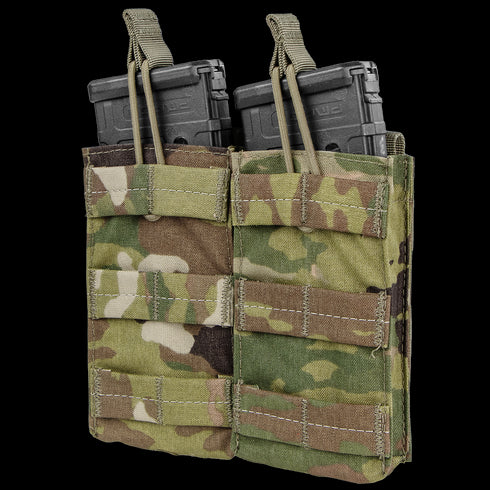 The Condor Double M4/M16 Open-Top Mag Pouch in Scorpion OCP holds two black rifle magazines, featuring pull tabs and front MOLLE webbing for easy attachment.